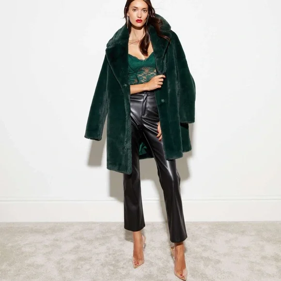 BCBGMAXAZRIA Luxurious Green Faux Rabbit Fur Teddy Coat Mob Wife - Picture 3 of 17